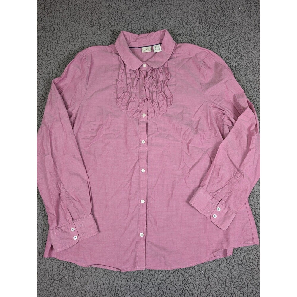 LL Bean Top Women XL Pink Pleated Ruffle Front Button Up Blouse Shirt